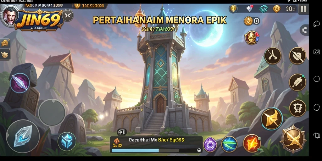 Tampilan gameplay seru dalam JIN69 yang menampilkan menara pertahanan.