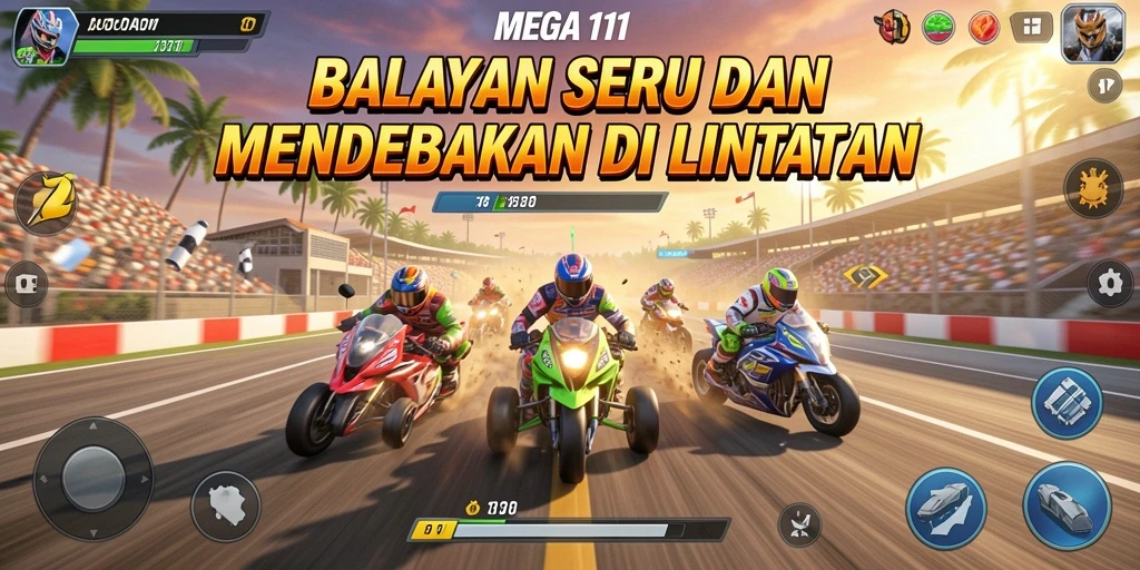 Tampilkan aksi balapan seru dari permainan MEGA111 dengan kendaraan cepat.