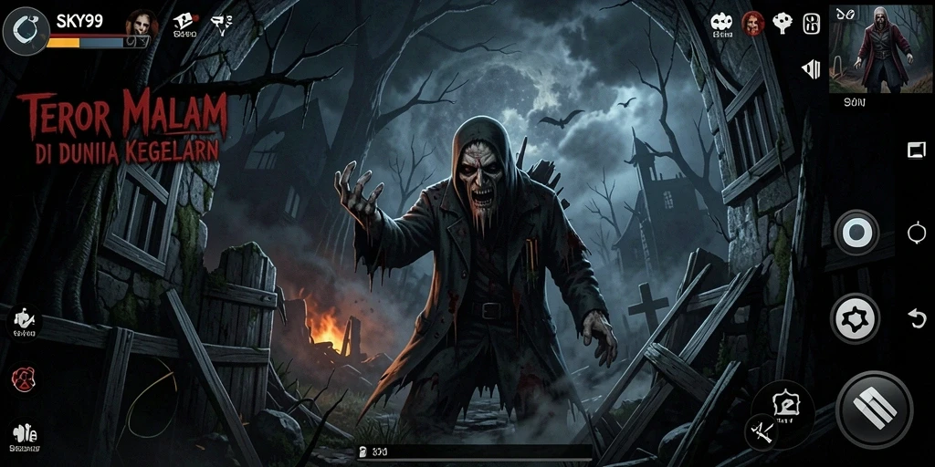 Screenshot utama SKY99 menunjukkan gameplay menengangkan di kegelapan.