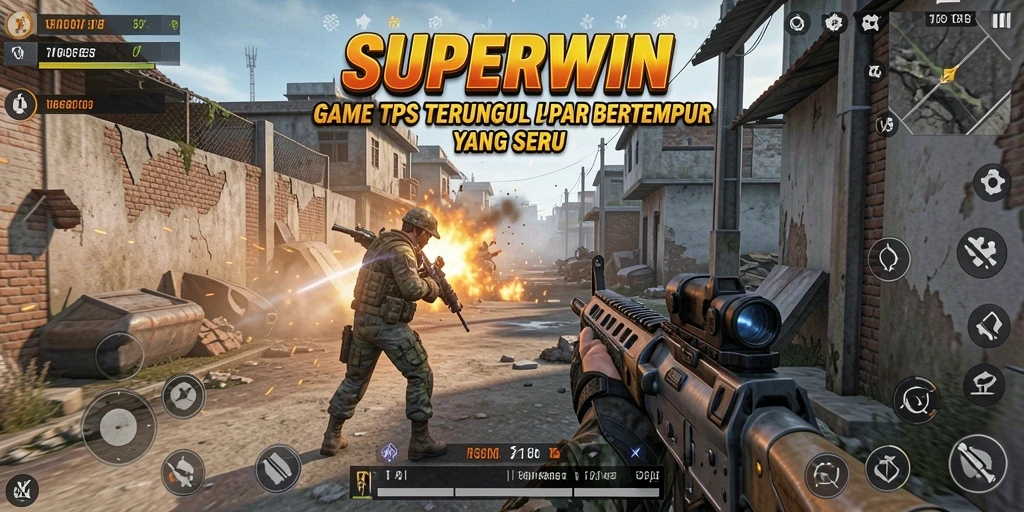 Tampilan gameplay mendebarkan dari SUPERWIN dengan aksi pertempuran intens.
